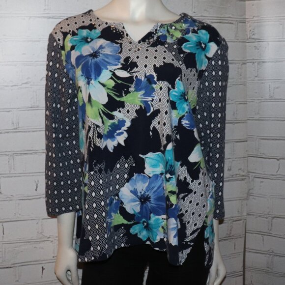 🖤 Blue & Black Floral + Polka Dot Blouse – Alfred Dunner L - Picture 1 of 6